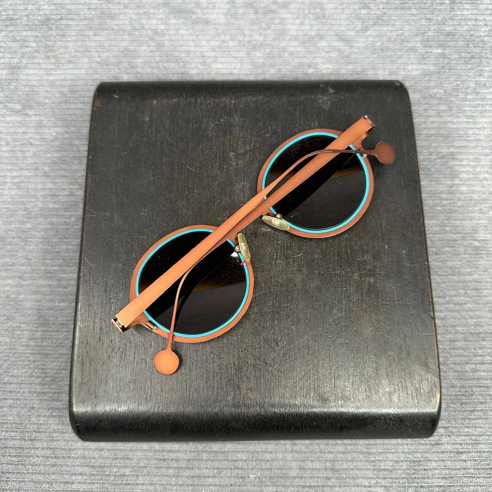 LA Eyeworks Big Time Round Sunglasses Brown Turquoise Blue Metal Made in Japan